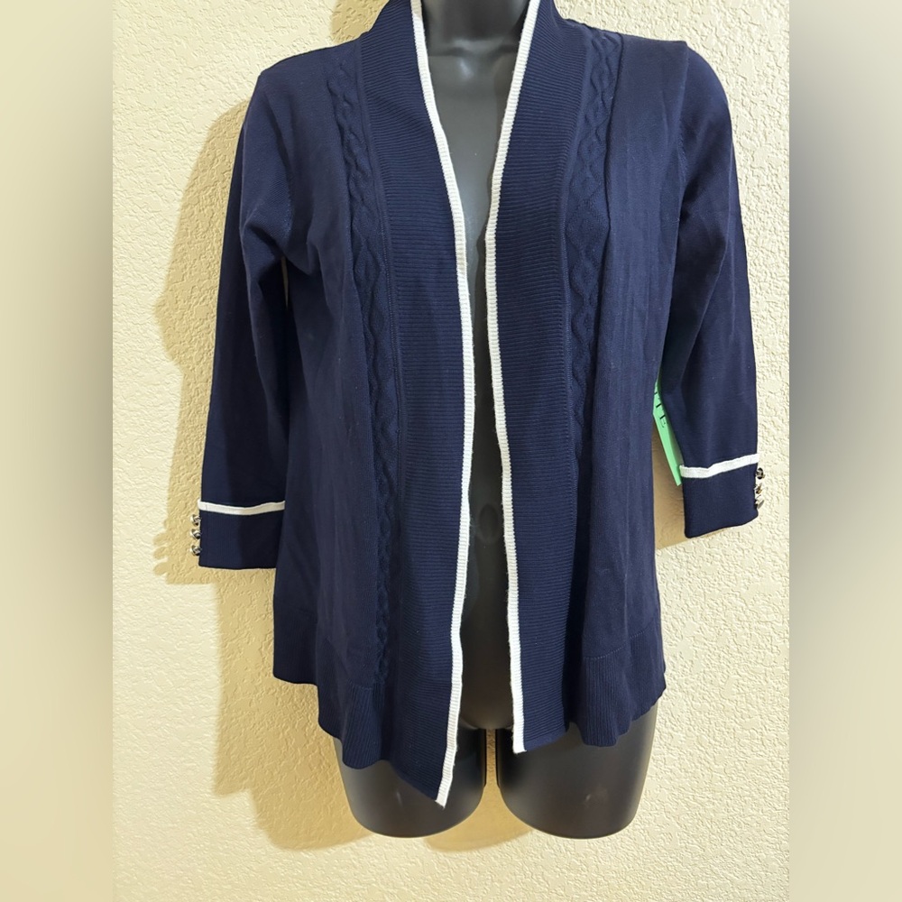 Sienna Sage Navy Cardigan with White Accents NWT